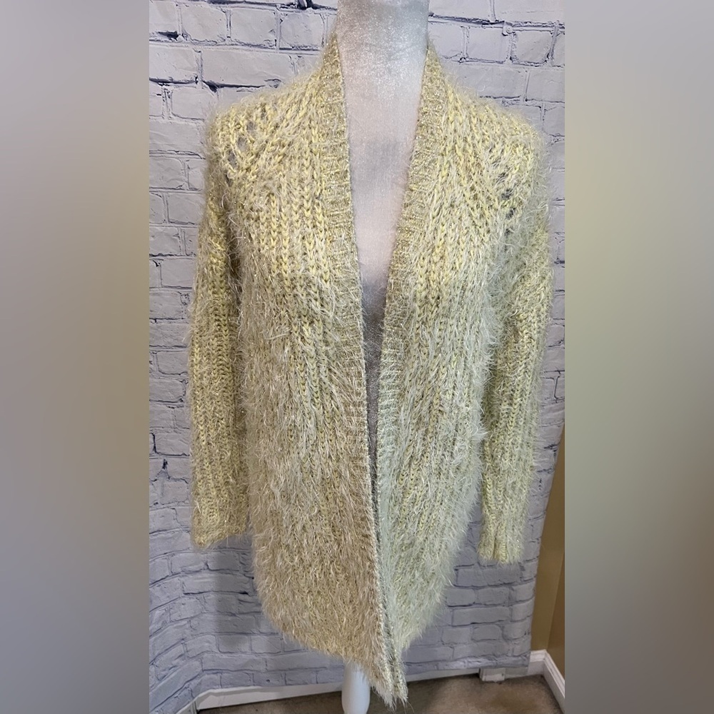 Anthropologie Women larkin Shimmer Knit Cardigan M Yellow Fuzzy Cozy